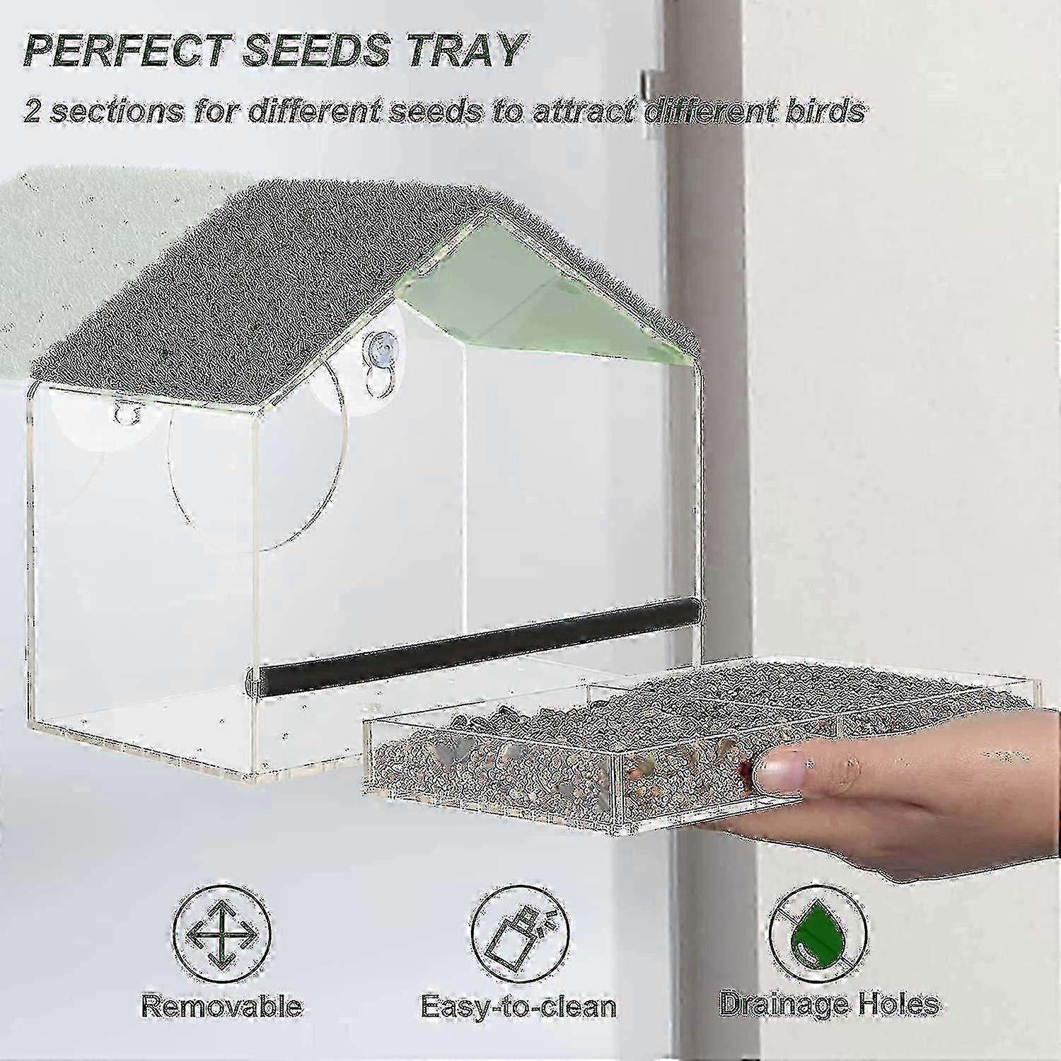 Window mounted bird feeder with durable suction cups