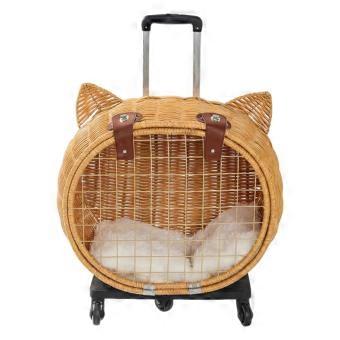 Pet Stroller Rattan Cat Carrier with Wheels, Breathable Mesh, Telescopic Handle for Travel