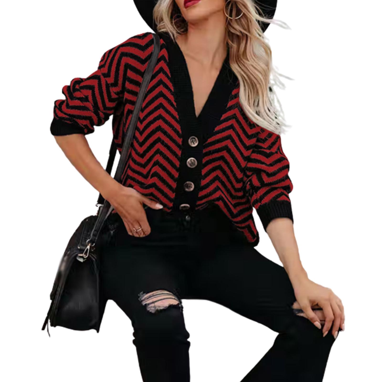 Women's Open-front Sweater With Wavy Pattern Black And White Sweater