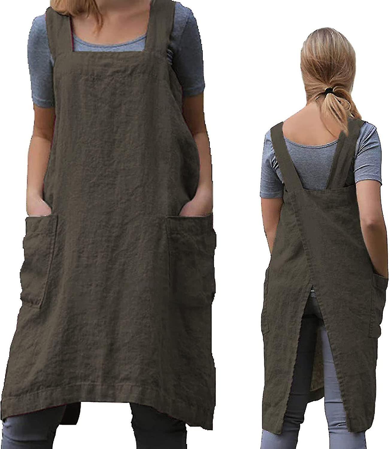 Grembiule Lungo Donna Stile Giapponese In Cotone Grigio – Incrociato Con 2 Tasche, Per Ristoranti, Fioristi, Cucina
