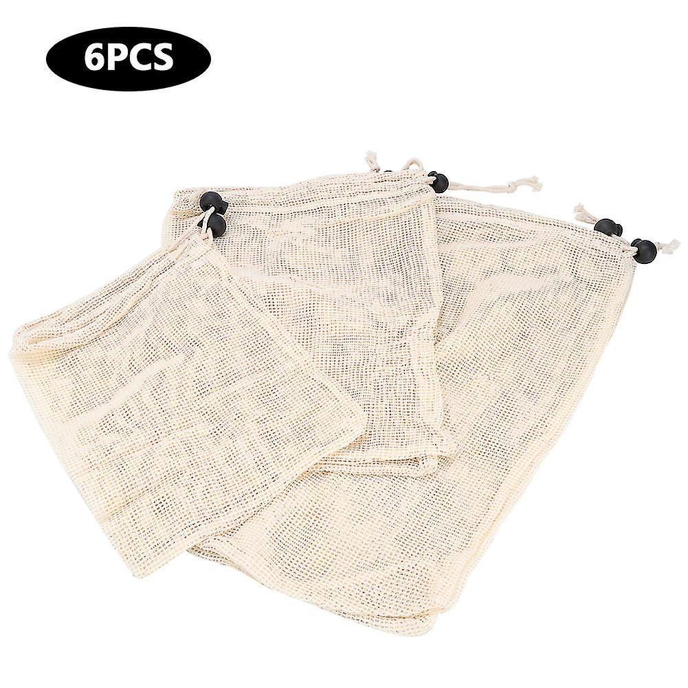 6Pcs Reusable Drawstring Mesh Pocket Fruit Vegetable Storage Bag for Household Kitchen