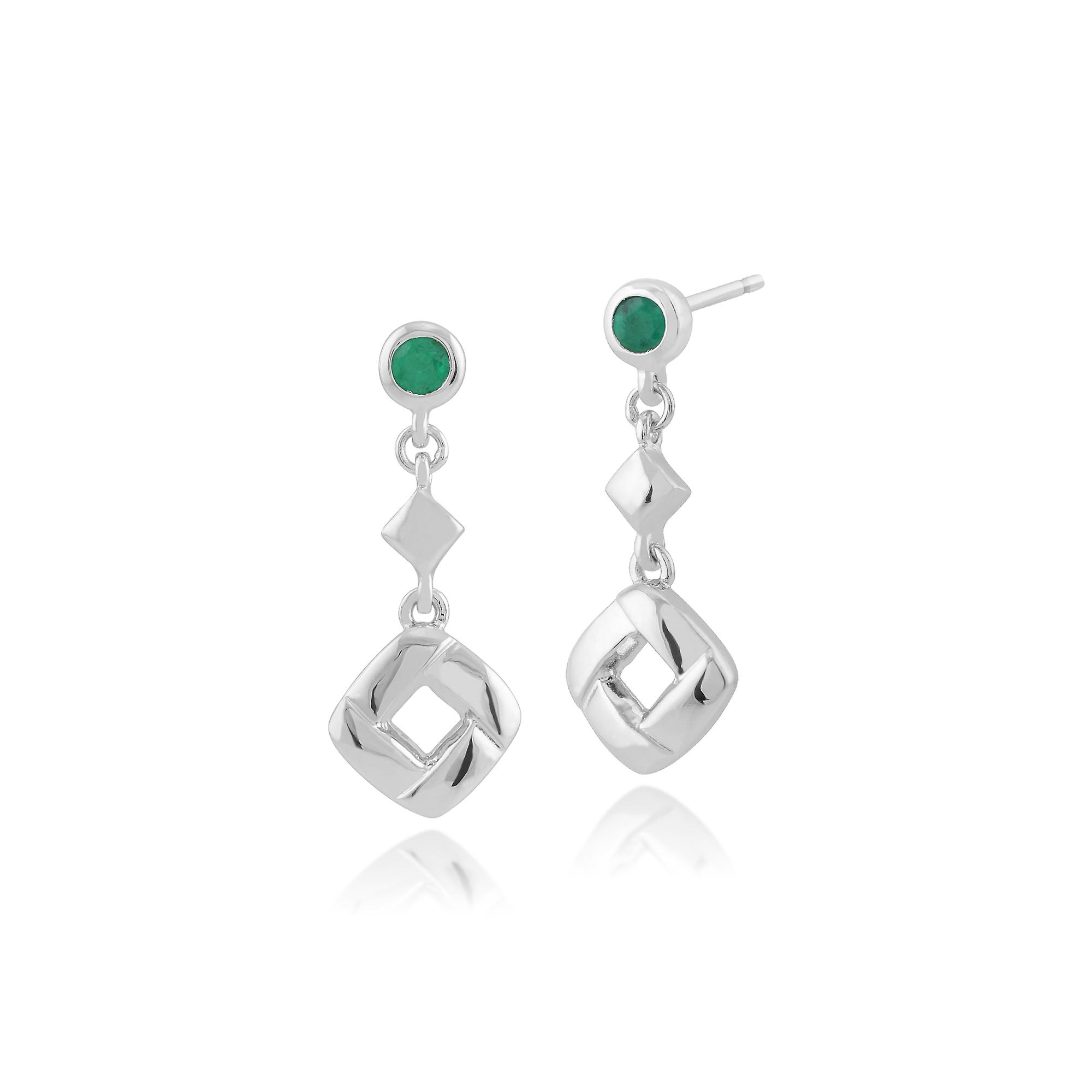 Classic Round Emerald Square Crossover Drop Earrings in 925 Sterling Silver 270E020003925