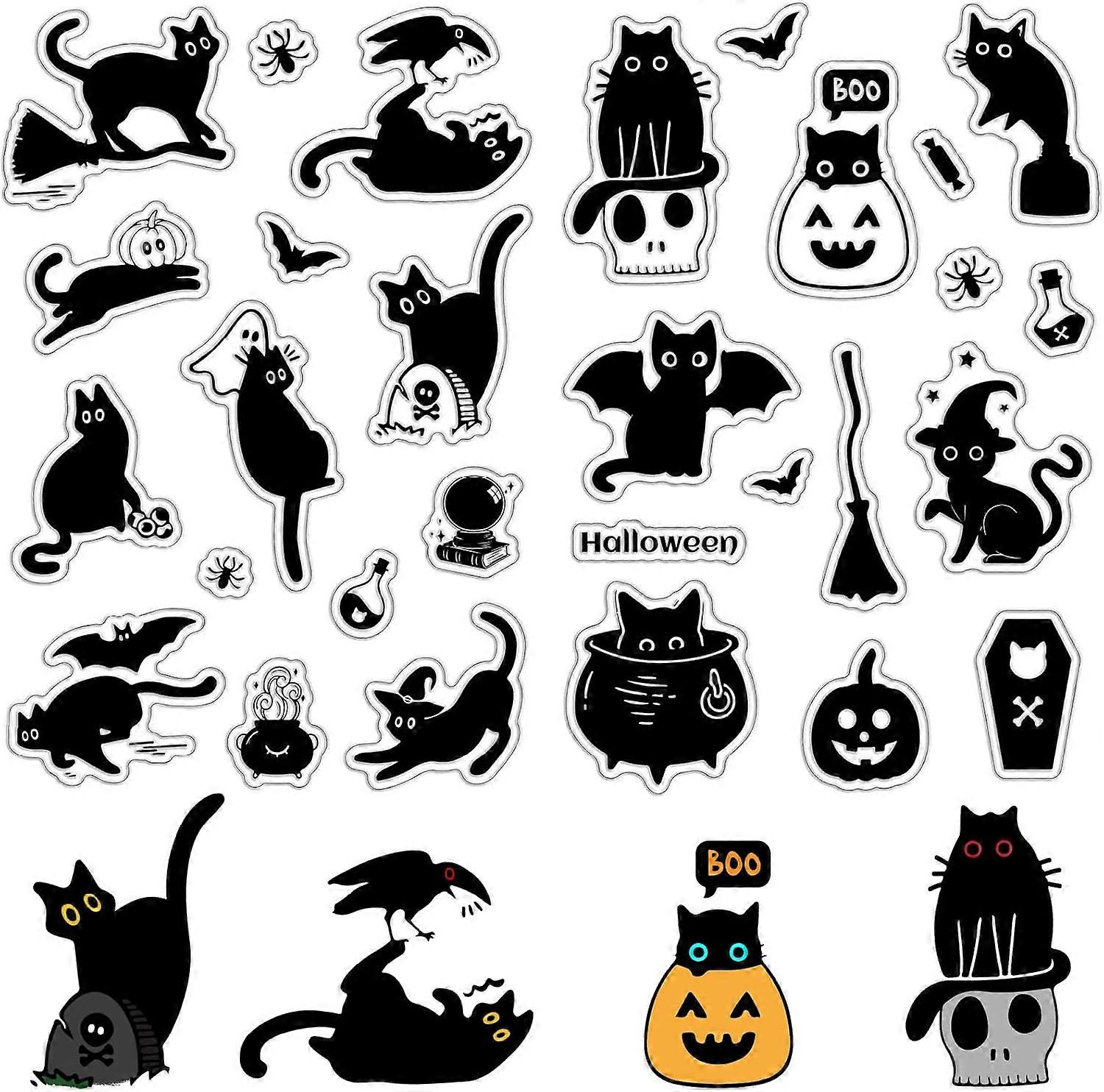 2Pcs Halloween Black Cats Clear Rubber Stamps Pumpkin Witch Bat Cartoon Reusable Transparent Silicone Stamp Seals Vintage for Journaling Card Making D