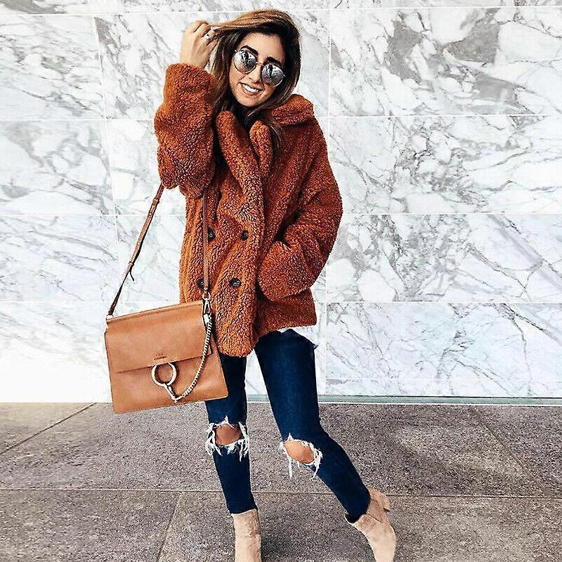 New Womens Teddy Bear Button Pocket Fluffy Coat Fleece Fur Jacket Outwear Hoodie
