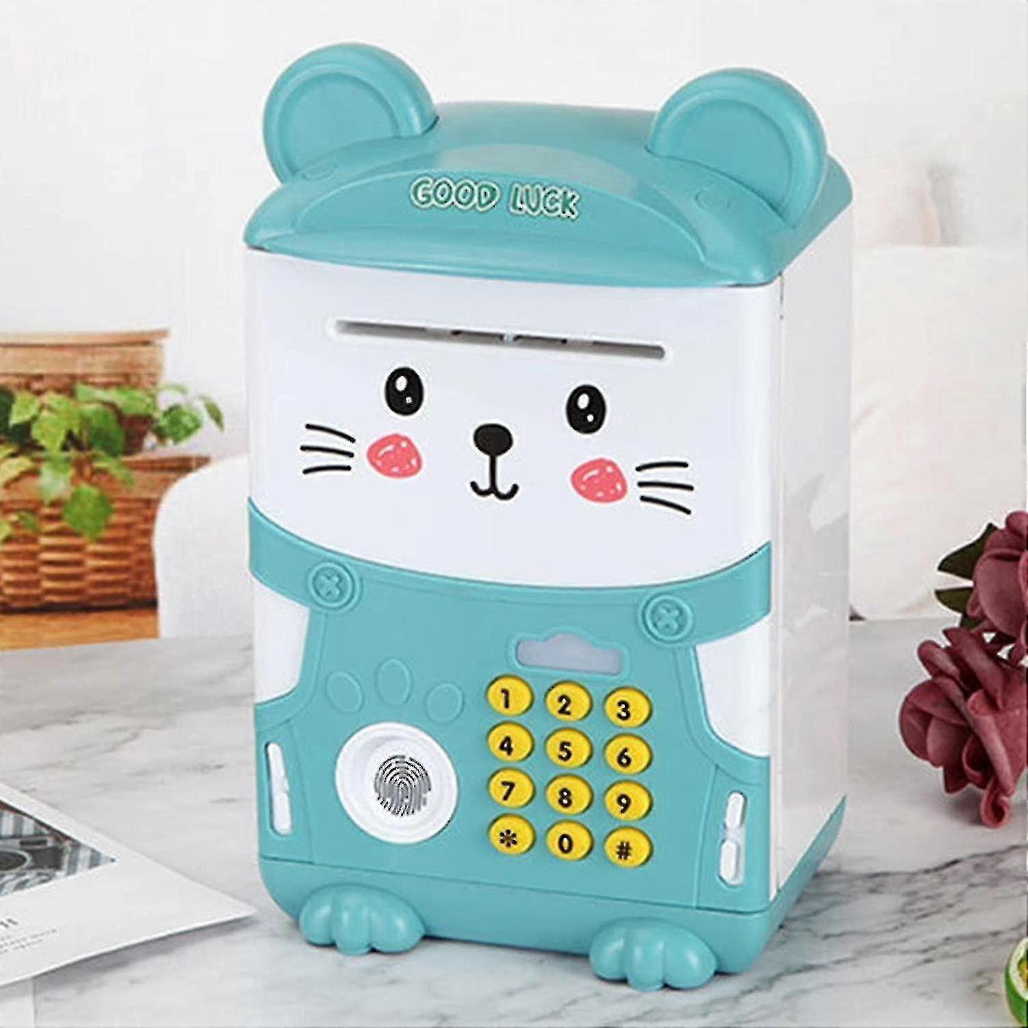 Electronic Cash Drawer, Abs Fingerprint Sensing Interactive Atm Analog Cash Coin Password Mini Piggy Bank - Blue