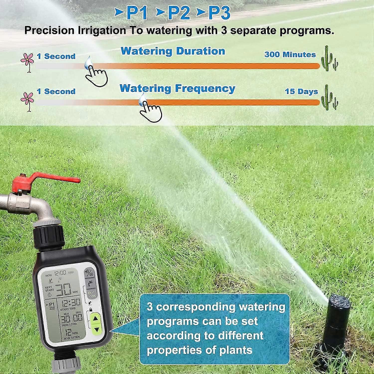 Automatischer Bewässerungstimer, Wassertimer, 3 separate Bewässerungsprogramme, Regensensor, wasserdicht, mehrere Modi, 2 Batterien, Gartenbewässerung