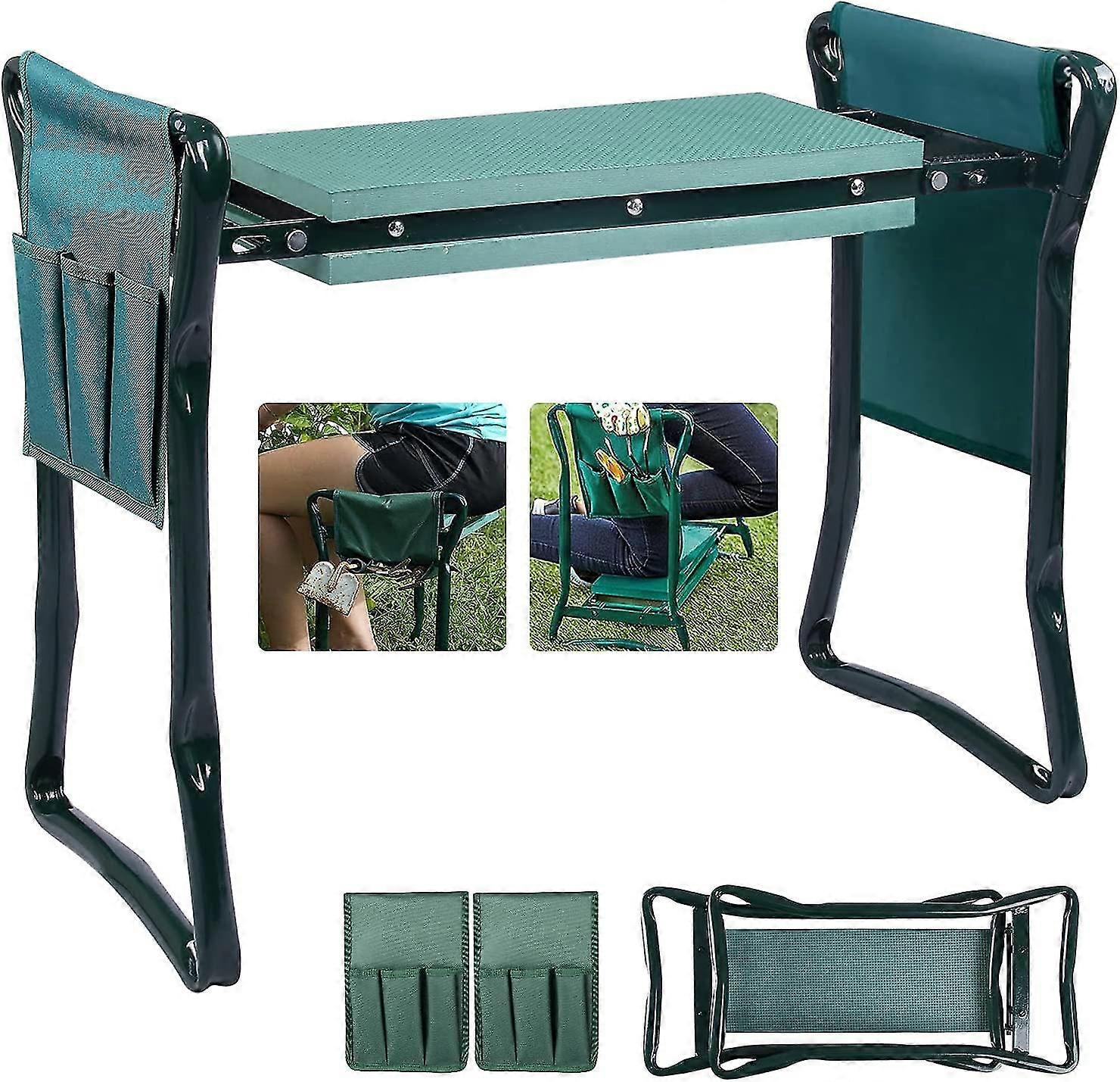 foldable stools, garden kneeler seat bench with 2 tool bags and thickened eva foam pad, support up to 150kg, 60x27x49cm