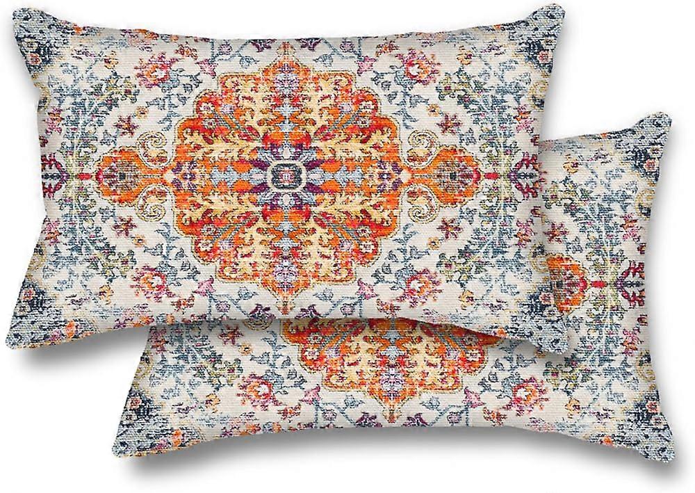 Orange Blue Pillow Covers 12x20 Inch Set of 2, Boho Throw Pillows Case, Carpet Pattern Ethnic Design Outdoor Decorative Square Linen Farmhouse Decor C