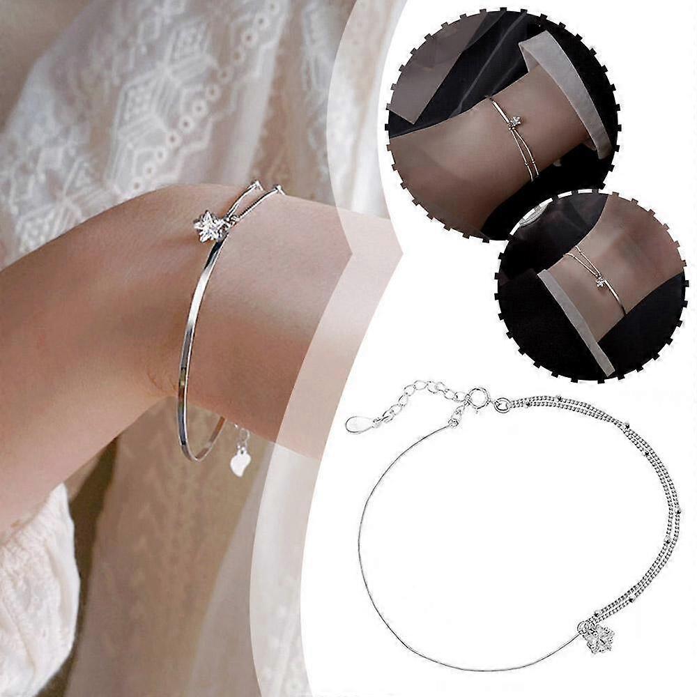 Womens 925 Sterling Silver Double Layer Chain Star Bangle Chain Bracelets W3J9