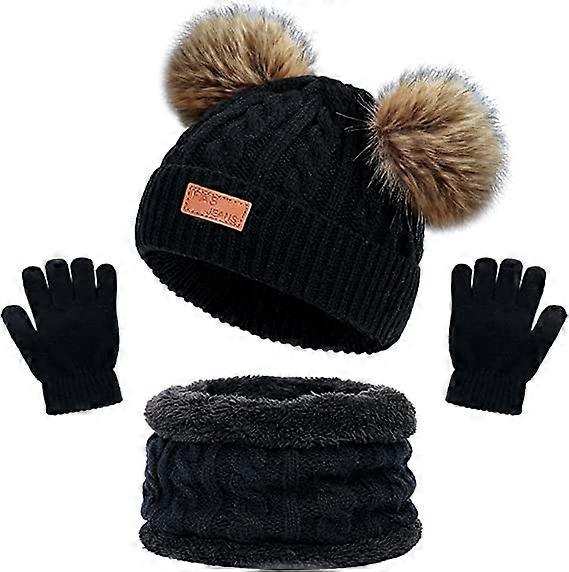 Enfants D’hiver Chaud Bonnet Chapeau Écharpe Gants Ensemble Noir Thermique Tricot Crochet Épais Moelleux Enfant En Bas Âge Écharpe Double Pom Pom Bobble Hat avec Fausse Fourrure pour Filles B