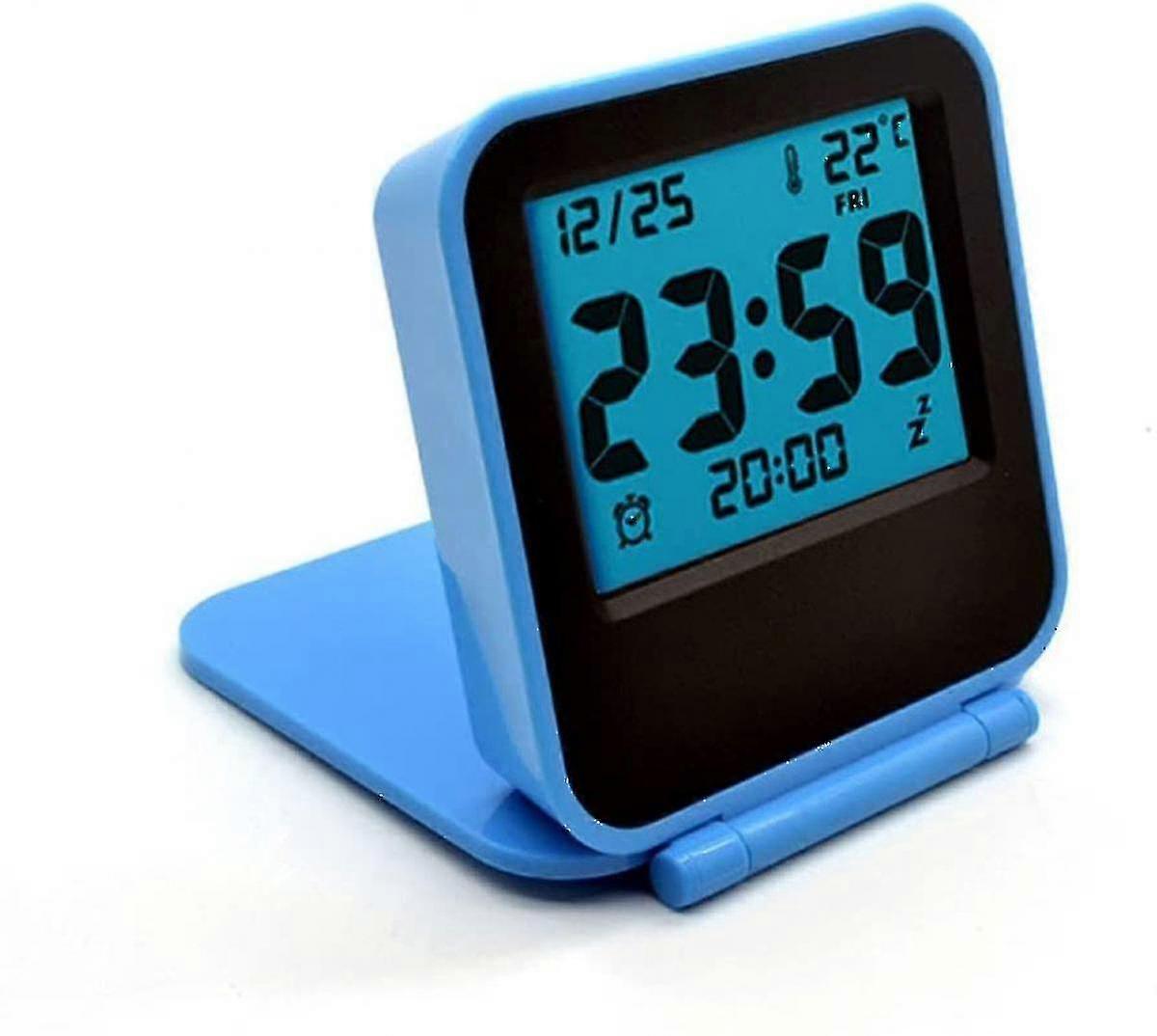 Mini Small Digital Travel Alarm Clocks With Lcd Night Light,battery Operated Travel Clock,portable Folding Mini Pocket Temperature Clock Blue
