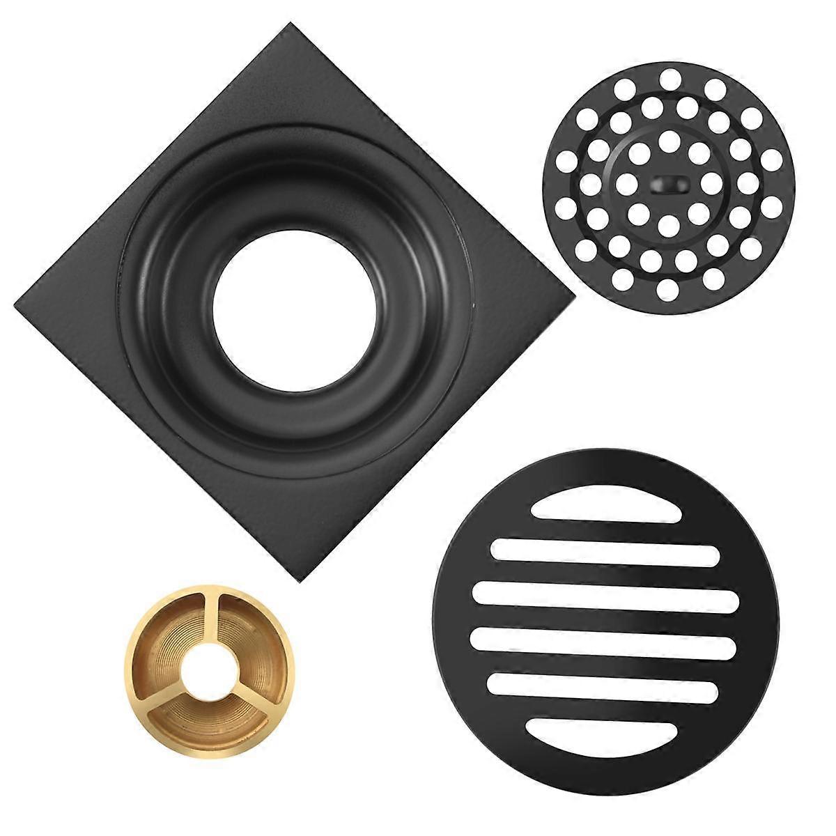 4 Inch Square Shower Drain with Removable Cover Grate, Brass Anti Clogging and Odor Point Floor Drain Assembly with Hair Catcher Strainer, Matte Blac