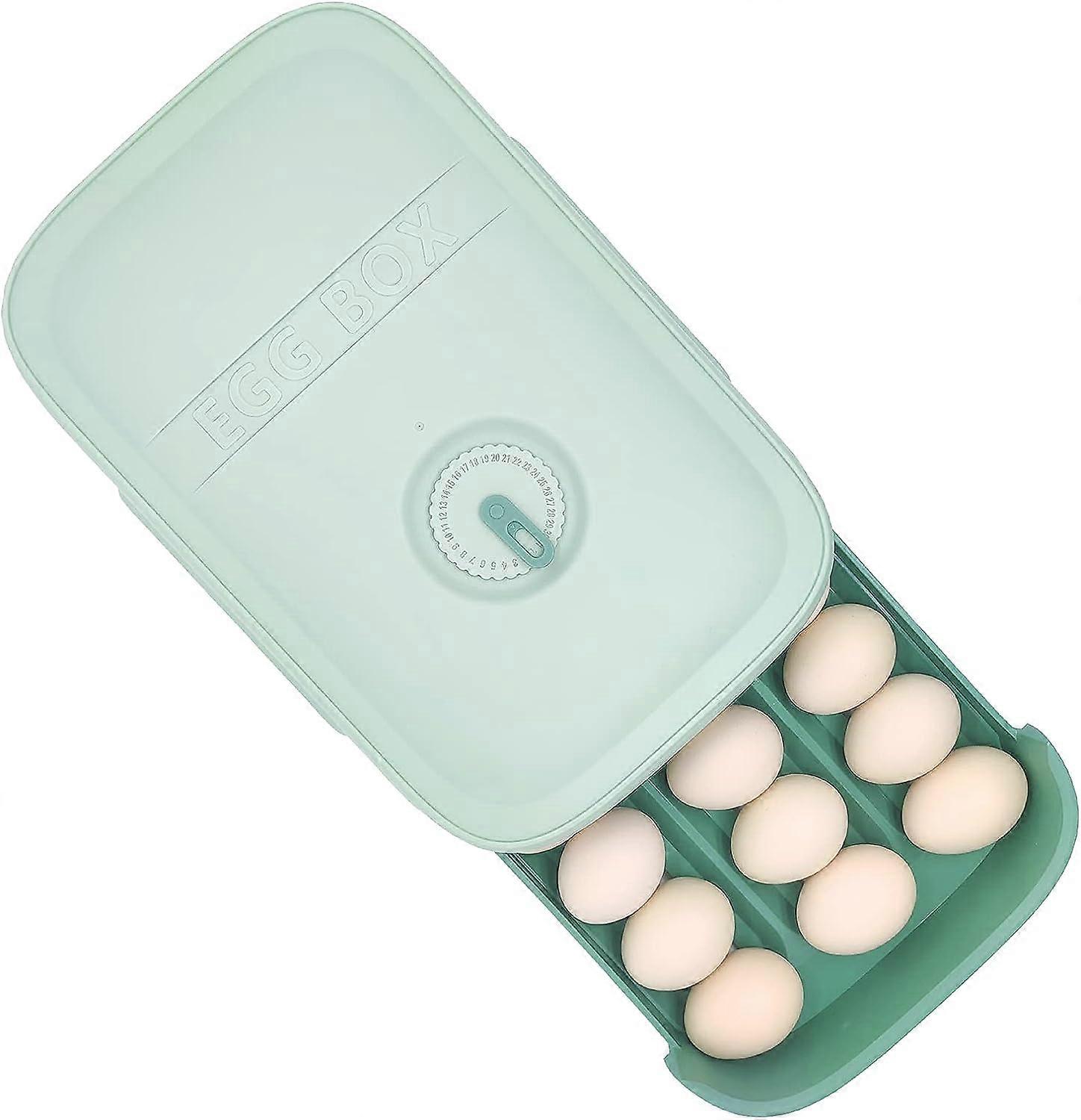 1 countertop rolling egg rack (18-21 eggs) refrigerator egg tray drawer type stackable plastic egg container storage rack kitchen box (green)