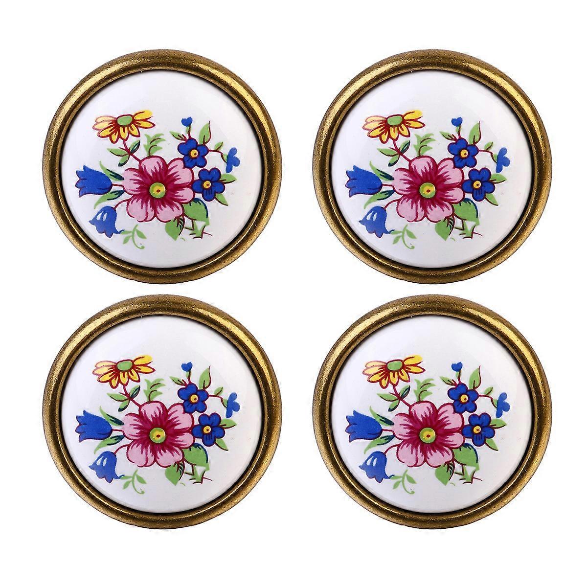 4pcs Ceramic Door Knobs Flower Printing Pull Handle Country Style Drawer Knobs DIY Cabinet Handle
