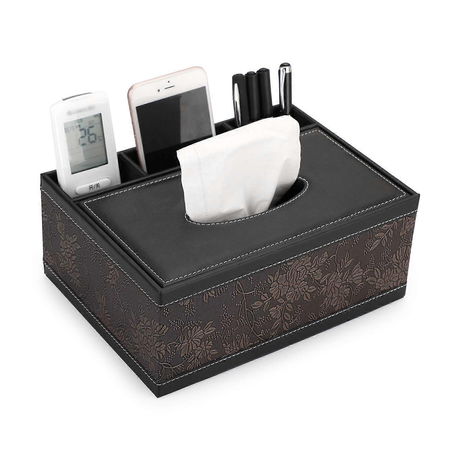 PU Rectangular Tissue Box Cover - Multifunctional Tissue Box Holder with Stationery Remote Control