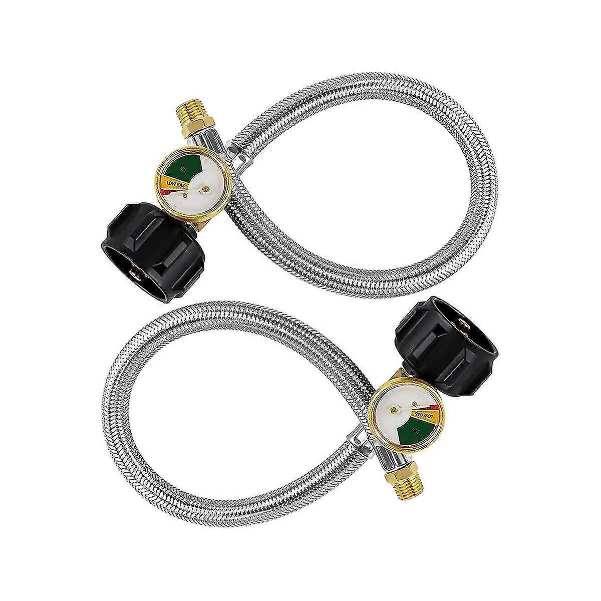 15 Inch RV Propane Hose Pigtail with Gauge compatible with 5-40Lb Tanks - Stainless Braided Propane Hose Quick