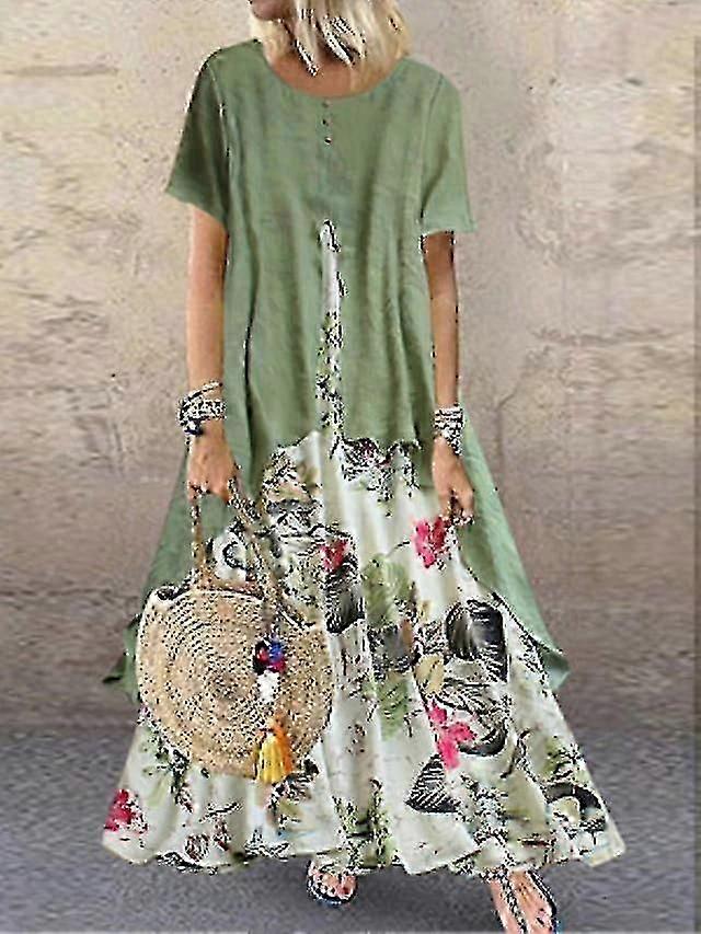 Kadın Keten Elbise Salıncak Elbise Maxi Uzun Elbise Yeşil Mor Sarı Gül Pembe Turuncu Kısa Kollu Çiçek Katmanlı Patchwork Düğme Bahar Elbise-İyi