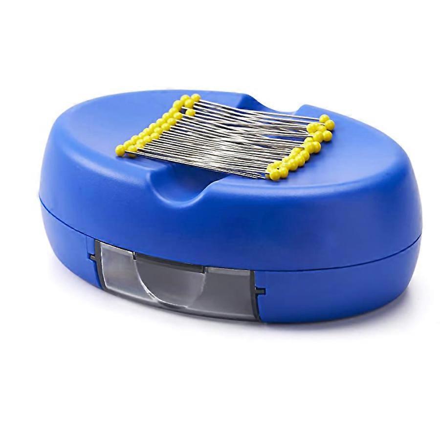 Magnetic Pin Box with 50 Glass Head Pins and Drawer for Needle Storage - Blue