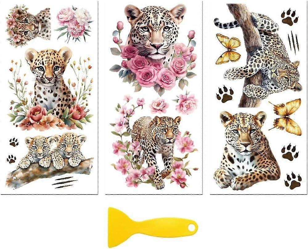 Rub on Transfer Decal Sticker for Furniture Craft Decor 6"x12" Leopard and Flowers with Scraper 3Pcs Waterproof UV DTF Transfer for Drawer Dresser Gla