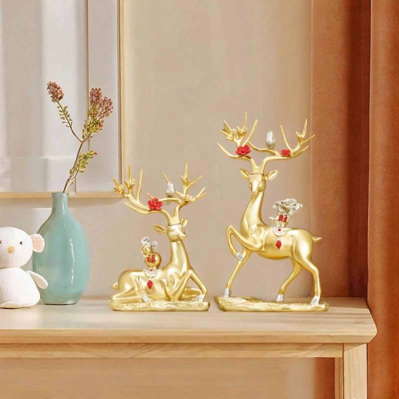 2 Pieces Elk Statues for Tabletop Decoration with Sitting And Standing Deer