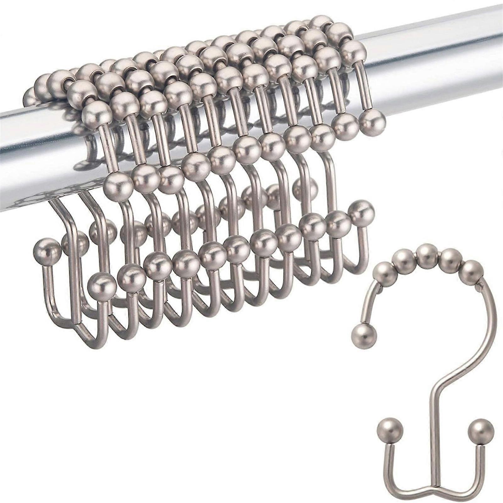 10Pcs Rusts Resistant Metal Shower Curtain Rings Double Hooks Smooth Gliding Rollers with Beads for Bathroom Curtains Silver