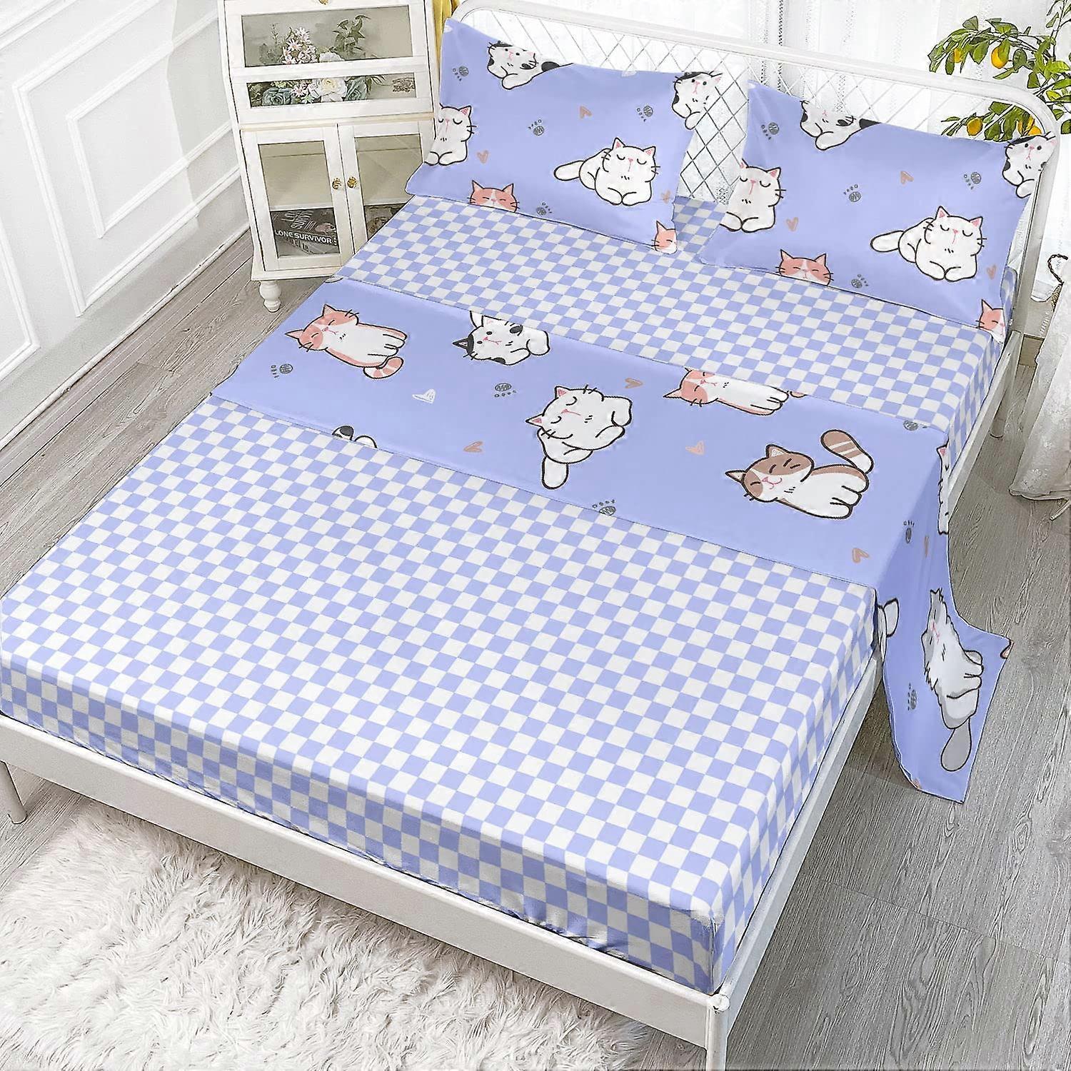 4 Pieces Purple Kawaii Cat Sheet Set for  Full Size