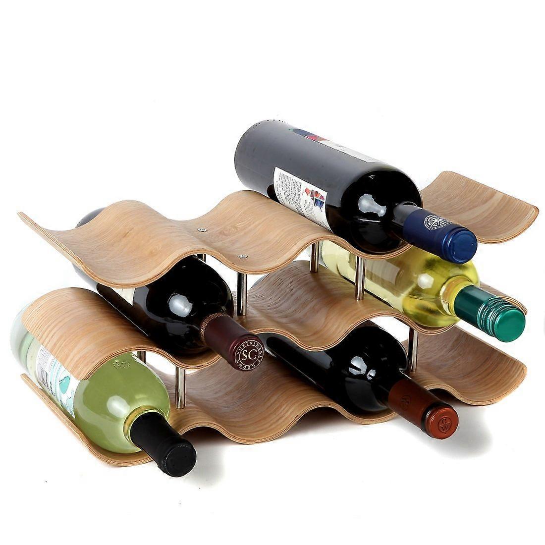 Countertop Wave Wine Rack - Elegant Modern Wood Wine Storage for 11 Bottles - Oak Table Top Organizer