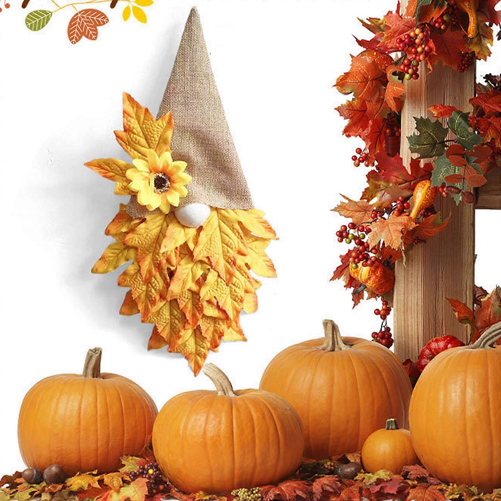 Couronne Porte Automne Avec Gnome Et LED - Décoration Murale Feuilles érable, Intérieur/extérieur