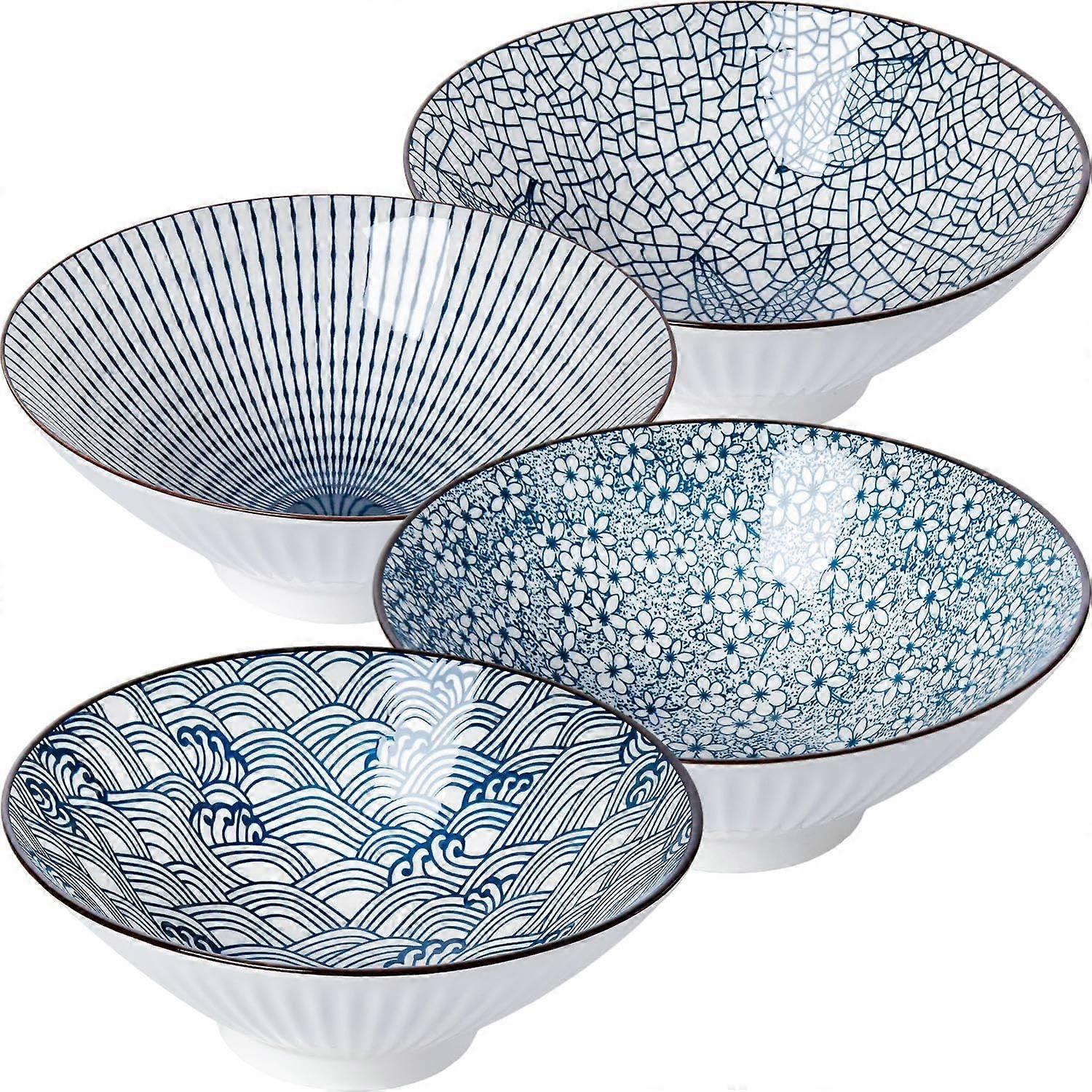 38 oz Japanese Ramen Bowl Set of 4 - Large 8 Inch Ceramic Noodle Bowls in Blue and White for Ramen, Pho, and Cereal