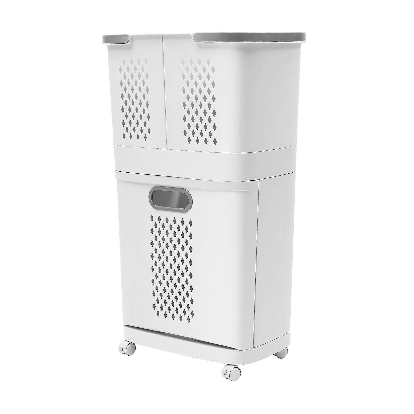 2 Tier Plastic Laundry Hamper Removable Basket Floor Standing Cart With Handle And Four Wheels Large Capacity