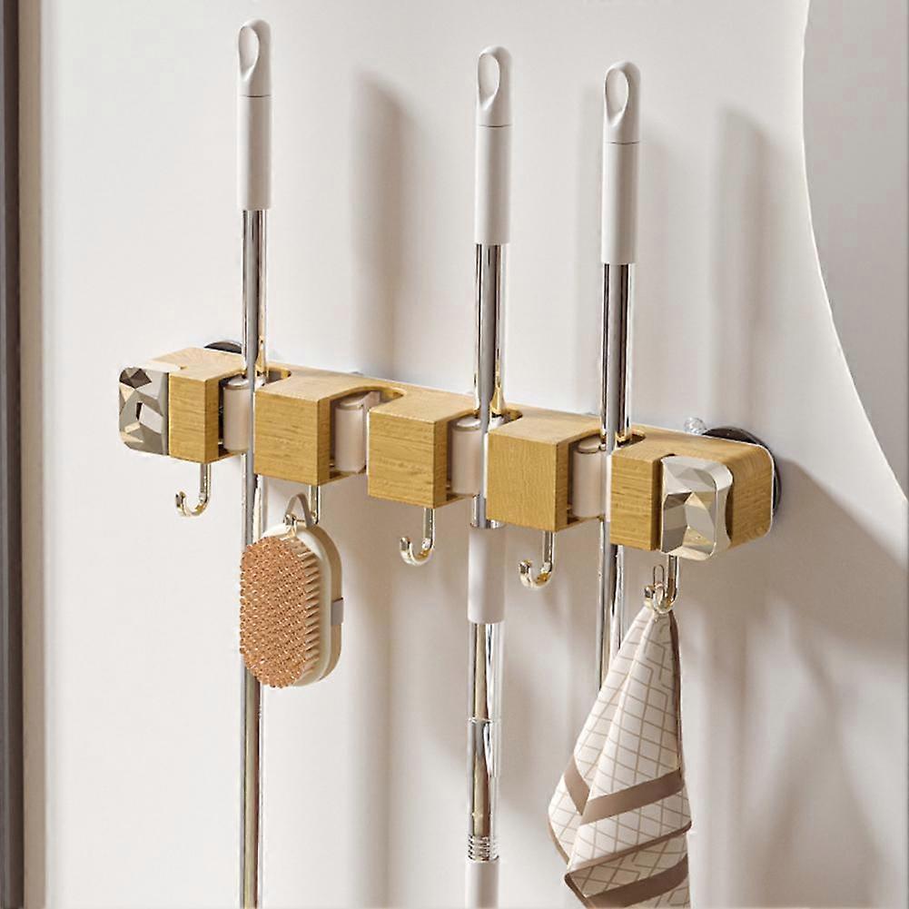 Wood Grain Suction Cup Mop Clip Hook Hanging Bracket, No Drilling Wall Mounted