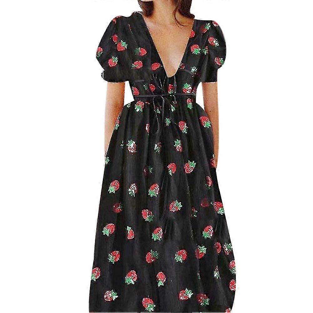 Mode Femme Fraise Imprimé Deep V Manches Courtes Mesh Cocktail Party Robe