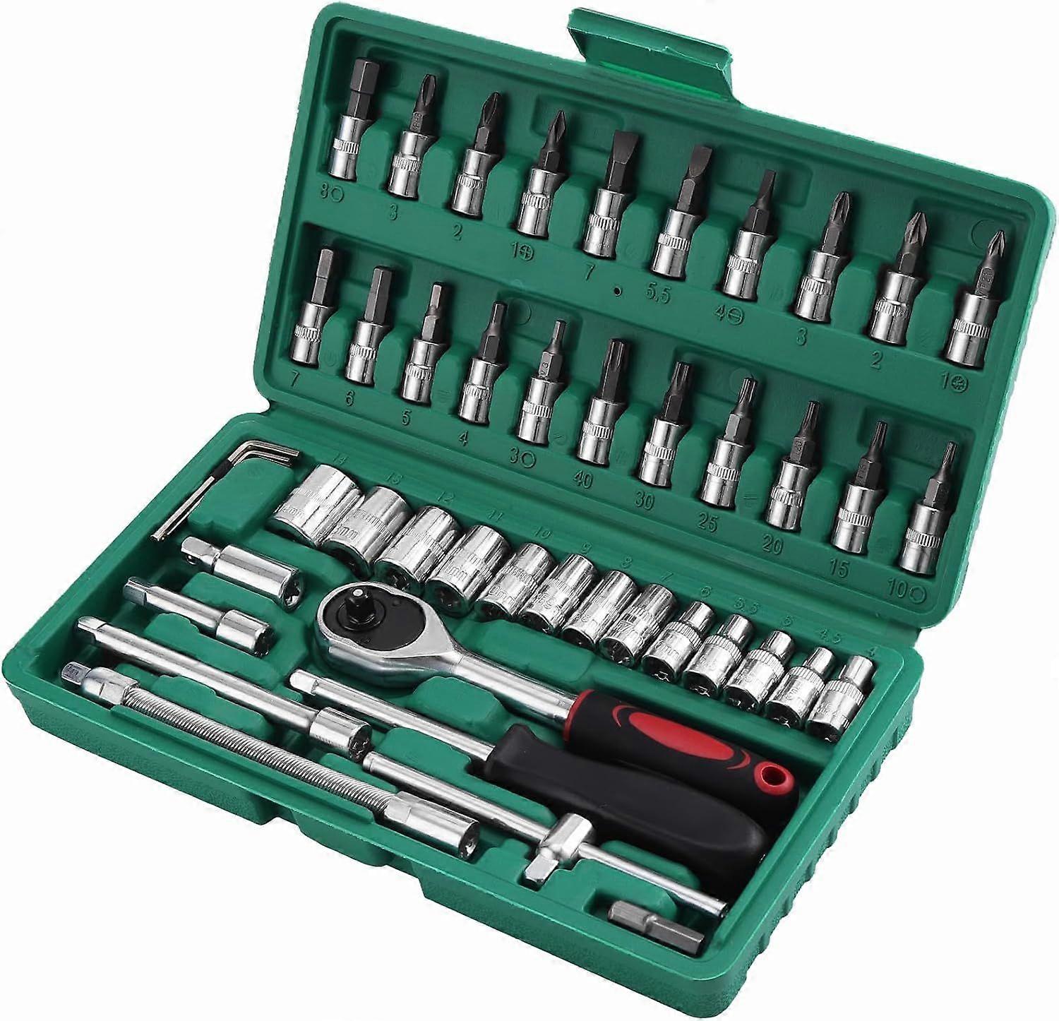 46Pcs Socket and Ratchet Set Chrome Vanadium 1/4" Ratchet Wrench Adapter Socket Set