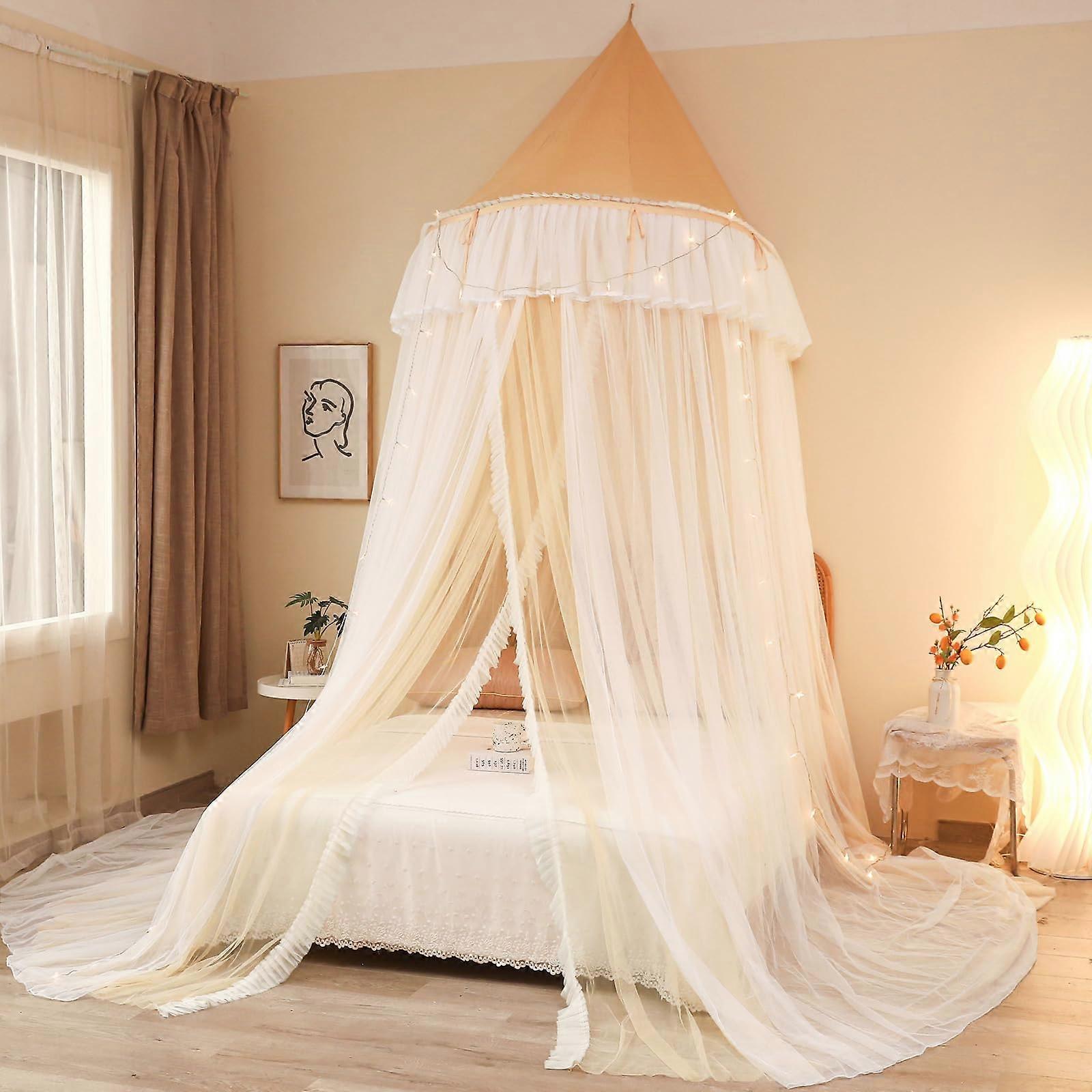 Princess Bed Canopy For Girls - Semi-Circular Lace Mosquito Net Tent With Double-Layer Net Dome Curtain Camel