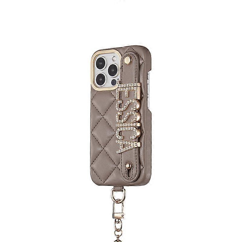 Veske Til Iphone 14 Brun-diamant Bokstaver Europeisk Og Amerikansk Lys Luksus Skinn Diamant Mønster