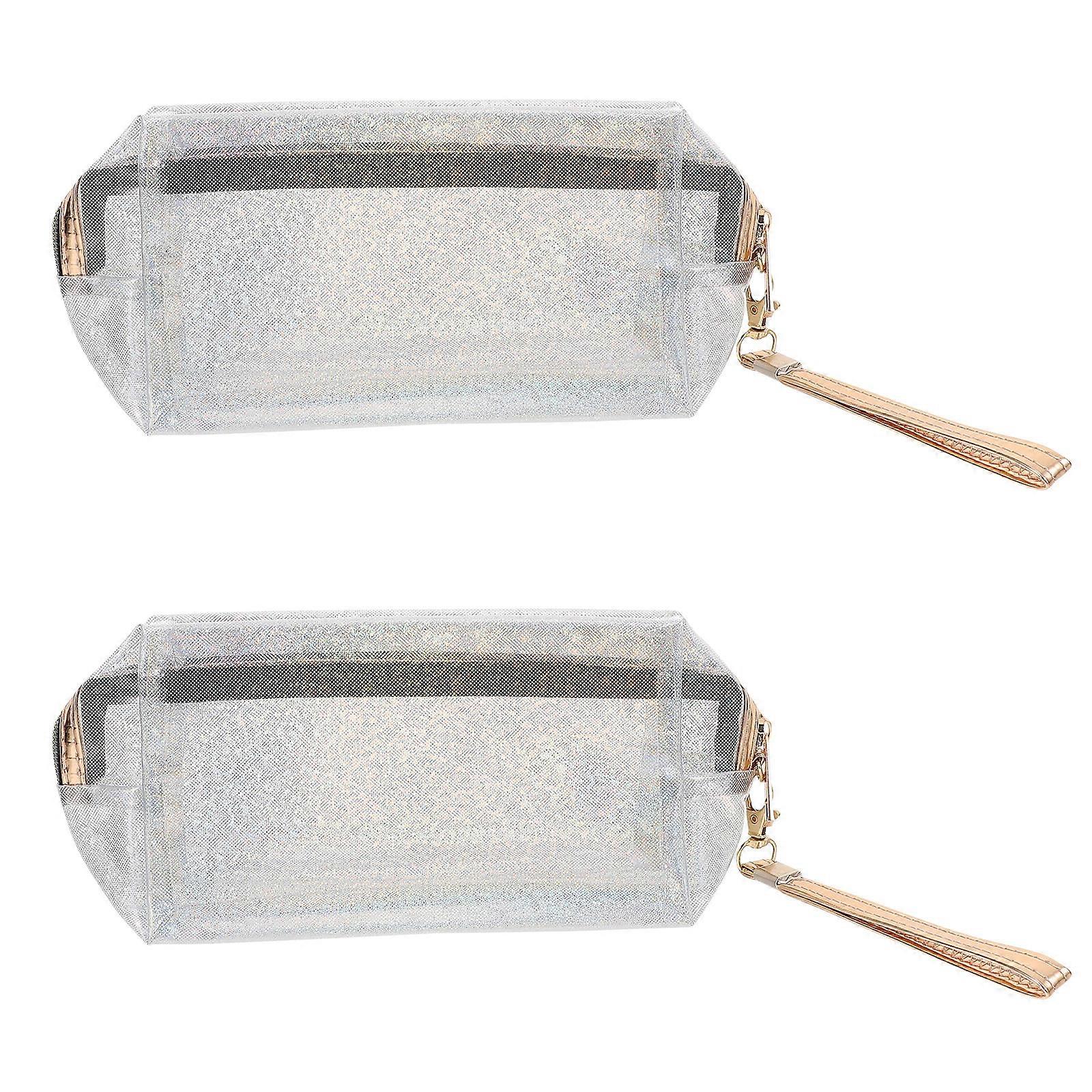 Transparent Cosmetic Bag with Handle in PVC Material for Home Use Silver Color 2 Pieces