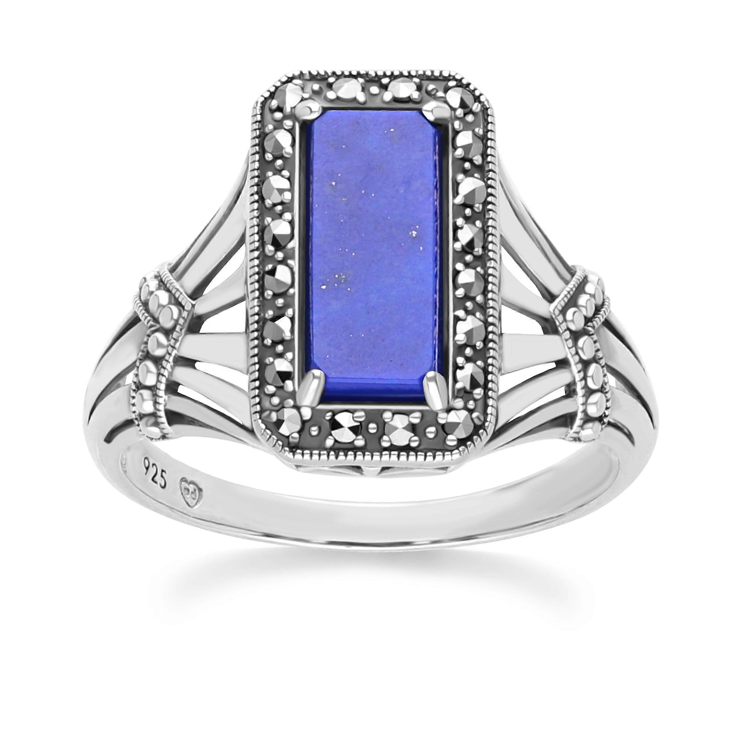 Art Deco Style Octagon Lapis Lazuli and Marcasite Ring in Sterling Silver