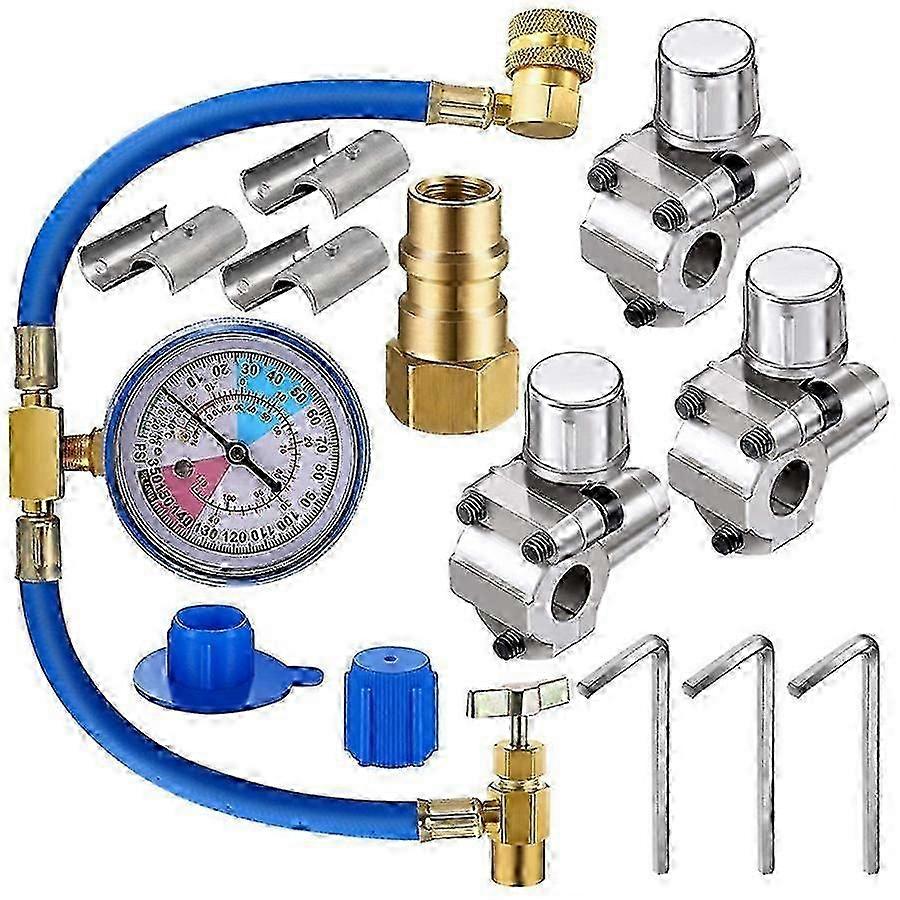 3 Pack Piercing Tap Valve Kits for Refrigerant Can with Gauge R134A Connector