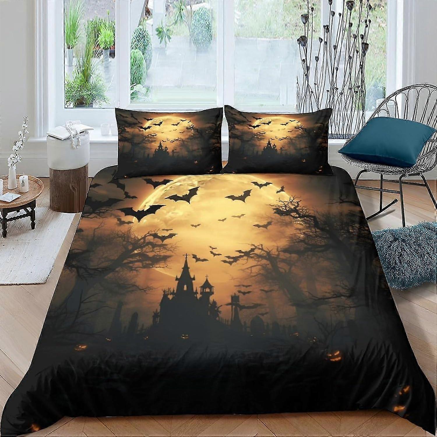 Griezelig Dekbedovertrek Set Beddengoed Set 3D Microfiber Polyester Halloween Pompoen Dekbedovertrek met Kussenslopen, 3-delige Set, Rits Quilt Cov