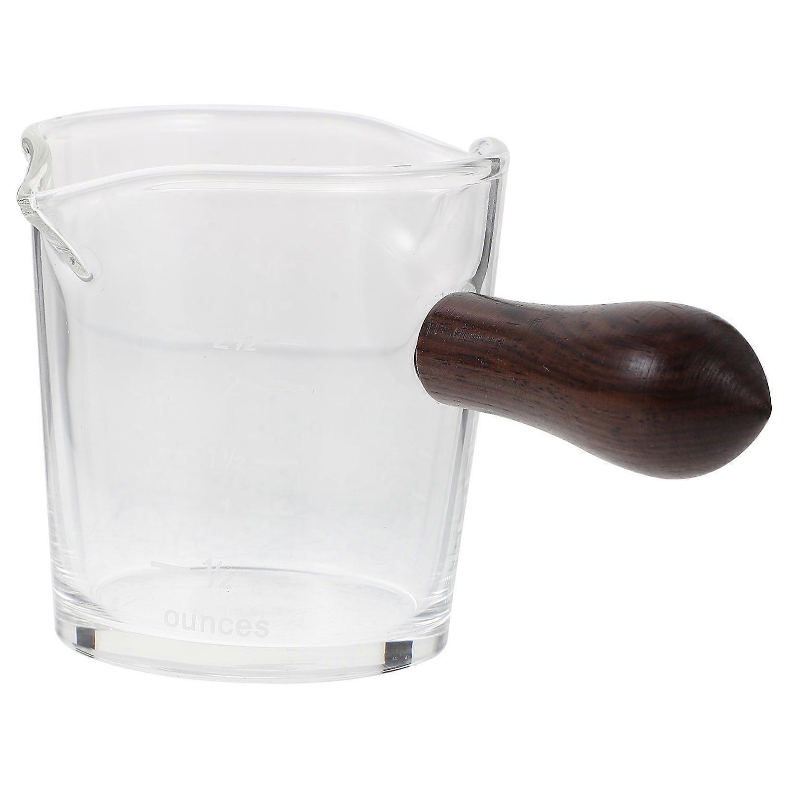 Double Spouts Measuring Cup Mini Milk Coffee Pitcher Home Use Glass Wood 1Set