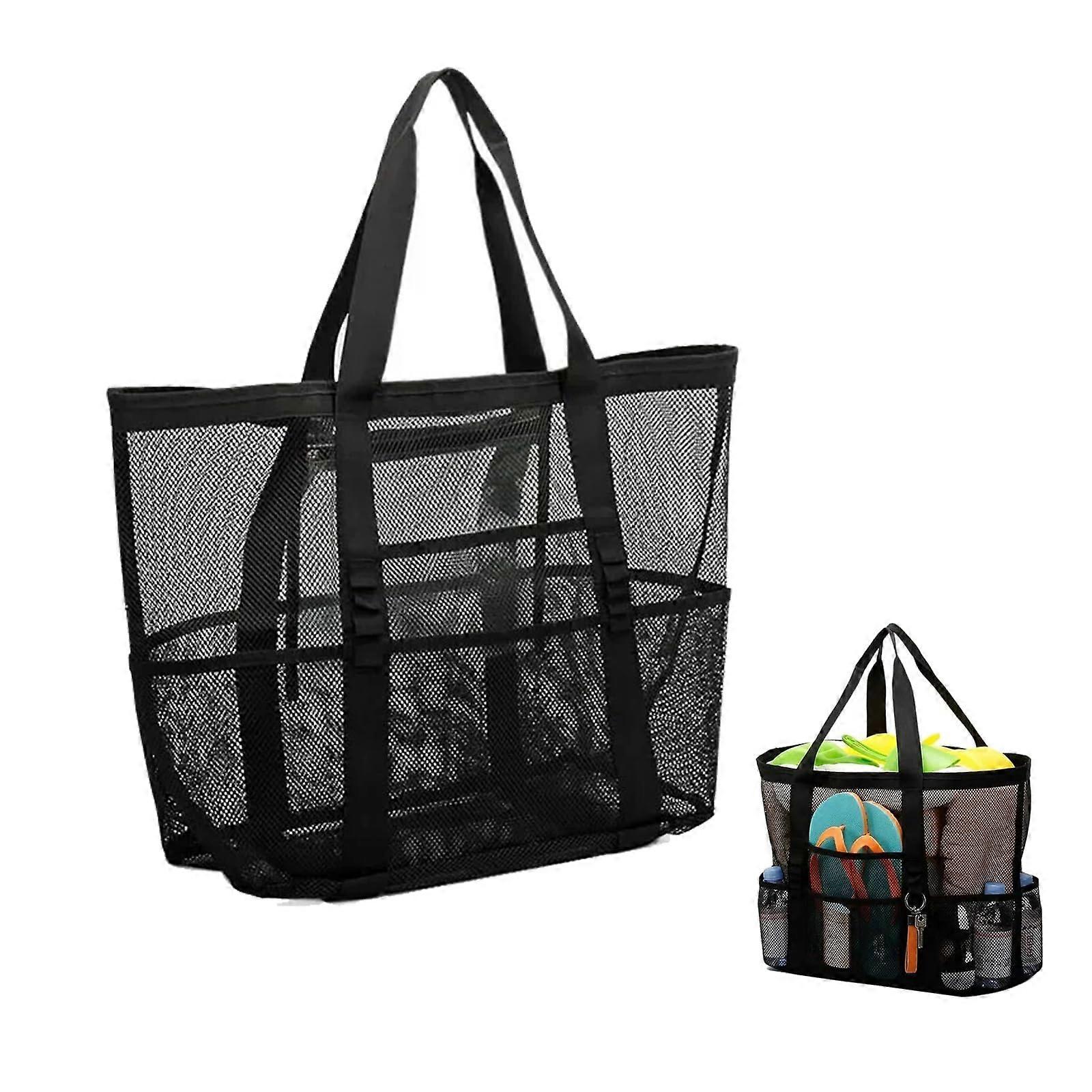 Large Mesh Beach Bag with Waterproof Pockets  Zipper for Beach, Travel – Black, Size L