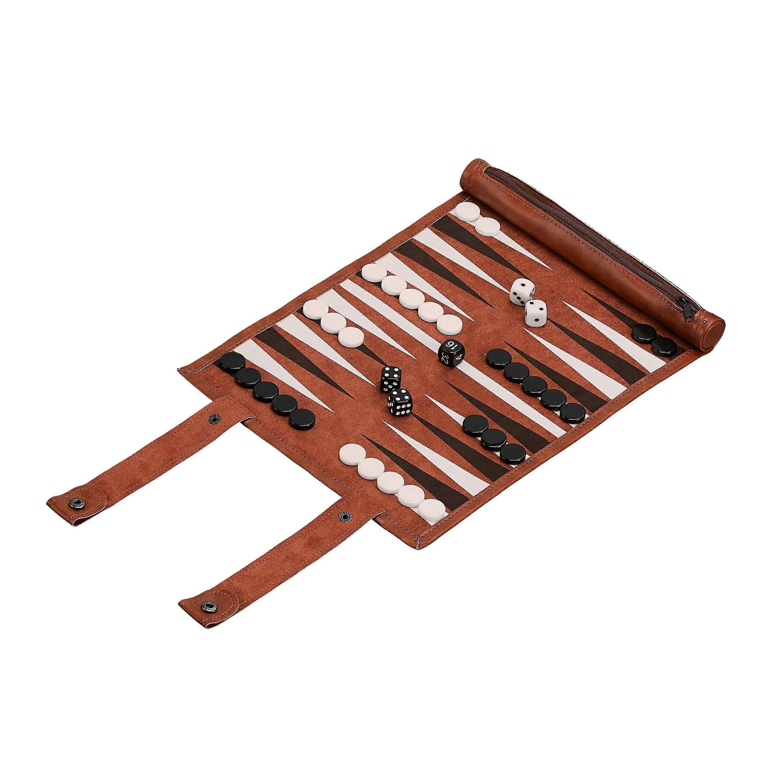 Backgammon Roll Up Travel Game Red Brown 32 x 26 cm Leather Look Board with Accessories for Easy Play
