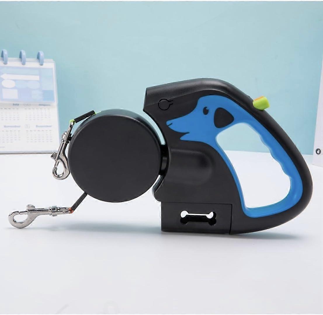 Extendable Double Dog Leash for 2 Dogs with 360° Swivel, LED Flashlight, Poop Bag Holder, Reflective Blue Leashes