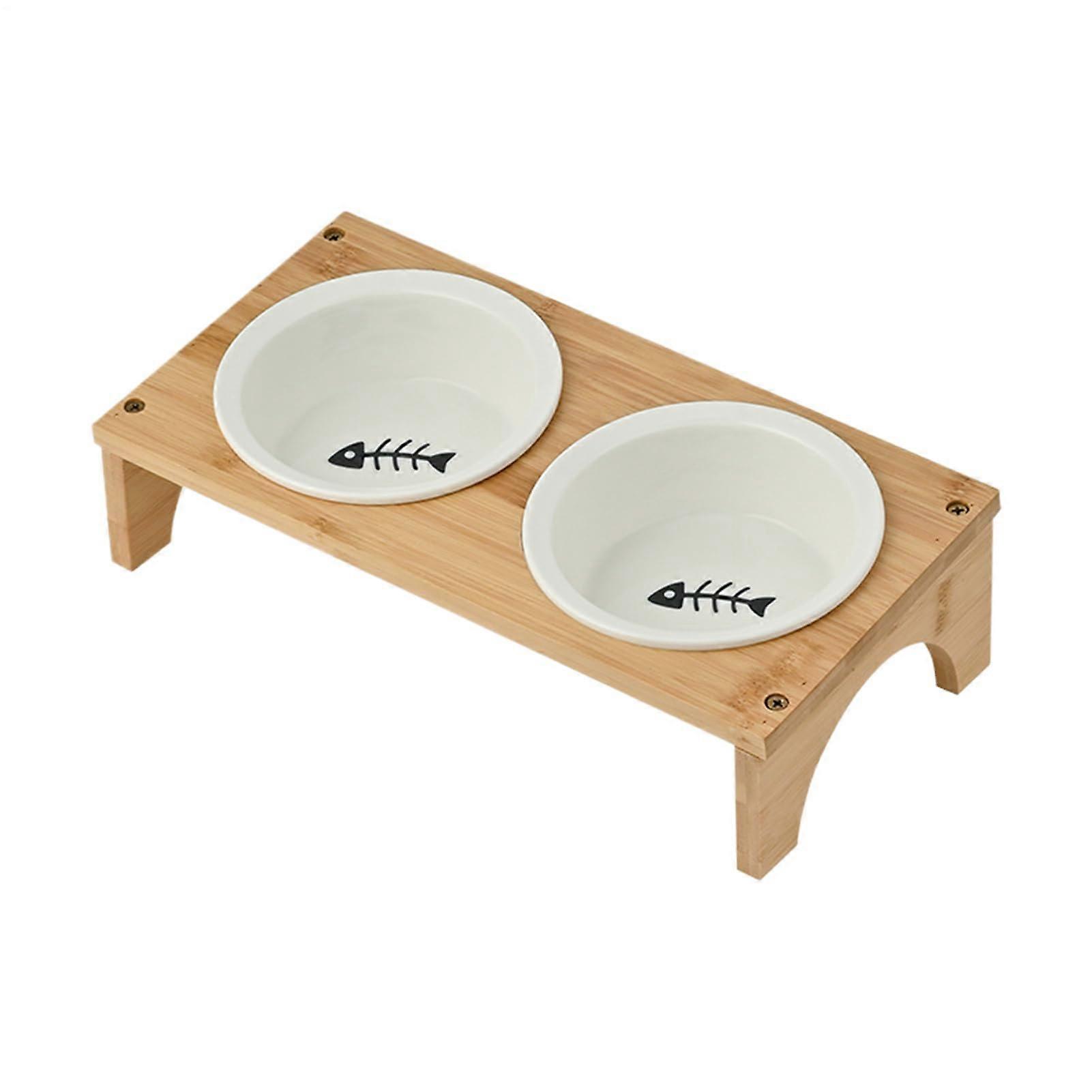 Elevated Cat Food Bowl Slanted Design Ceramic Drinking Bowl, With Wooden Stand, NonSlip WhiskerFriendly for Puppies and Cats of All Sizes