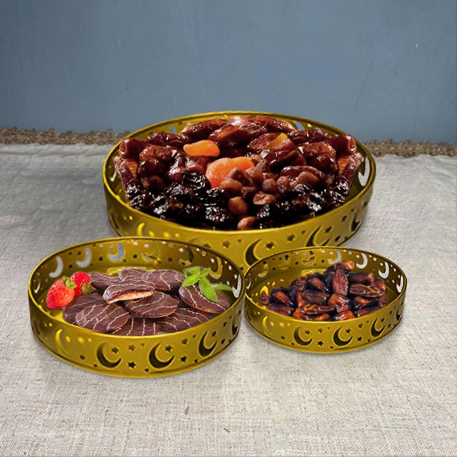3pcs Eid Mubarak Tray Ramadan Kareem Eid al-adha Moon Star Golden Iron Dessert Food Trays Containers Party Decoration