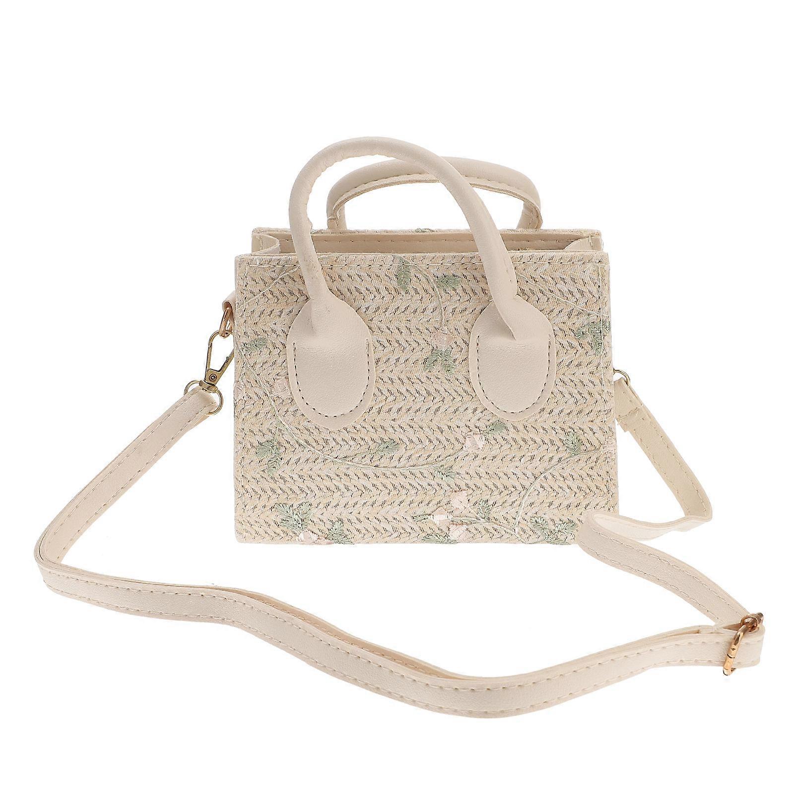 Handmade Straw Patchwork Bag Rectangular Shopping Bag White Pu Portable 1Pcs