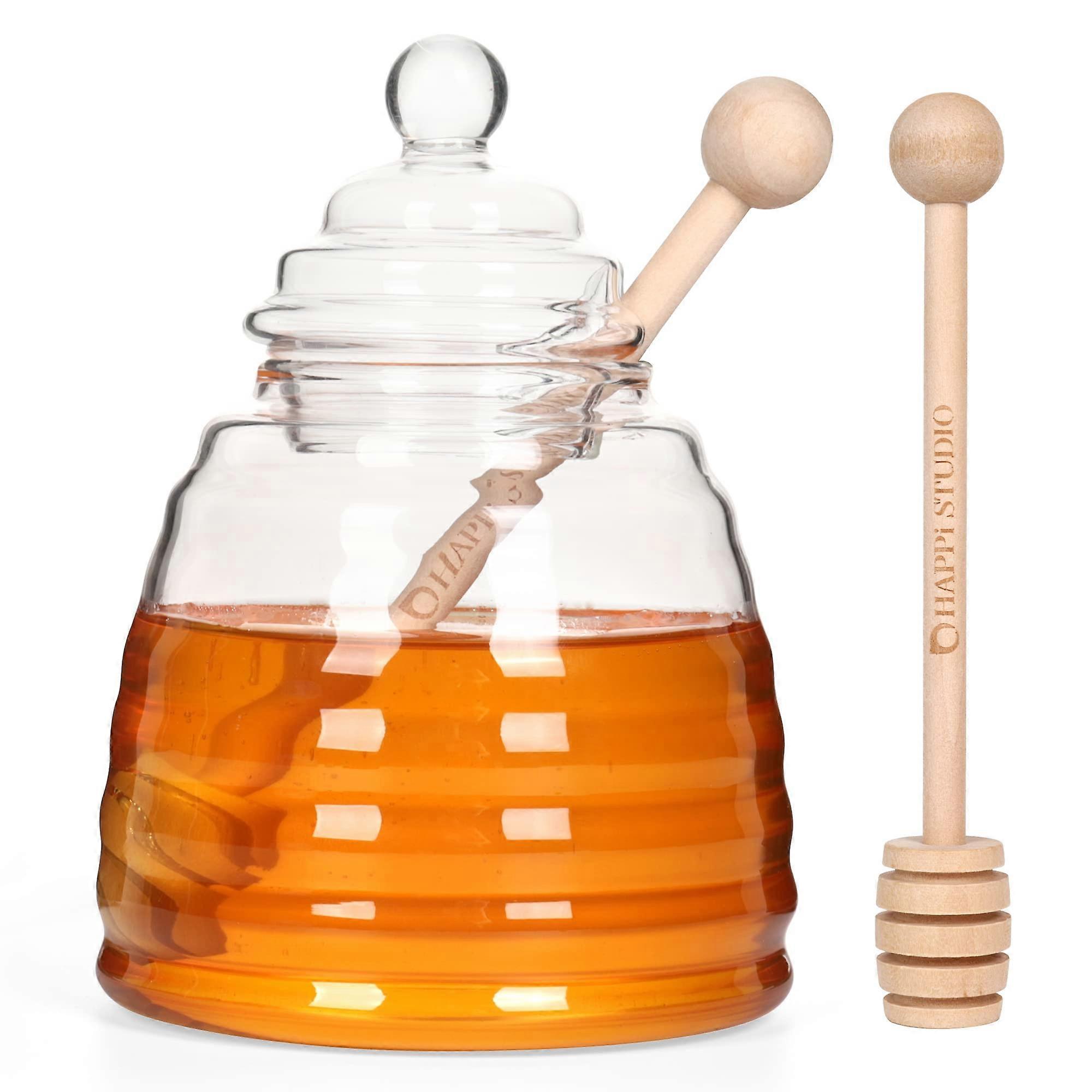 Glass Honey Jar With Dippers 13.5 Oz Honey Pot Dispenser For Tea And Coffee With Lid, Clear