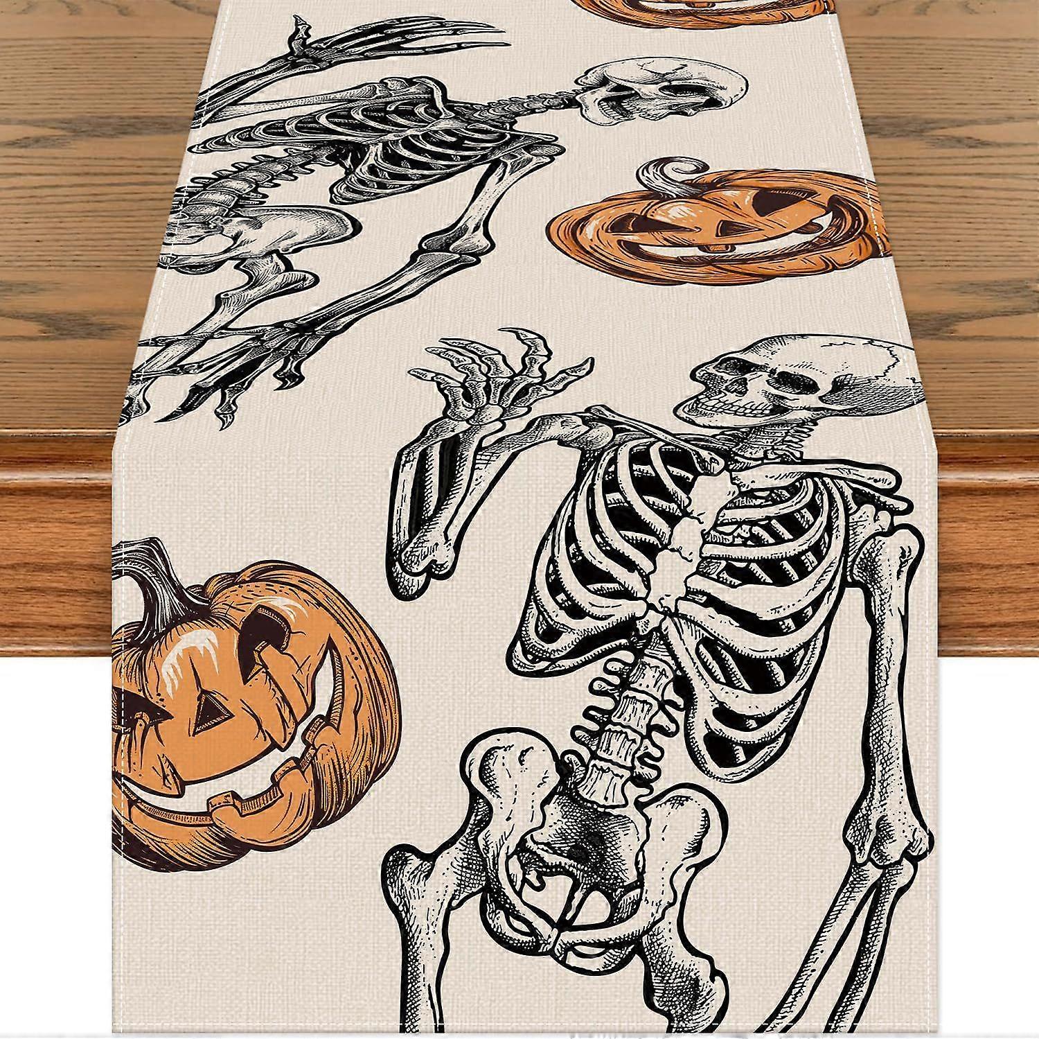 Halloween Table Runner 72 x 13 Inch, Burlap Table Runner for Kitchen and Dining Room, Reusable and Machine Washable, Pumpkin Skeleton Design