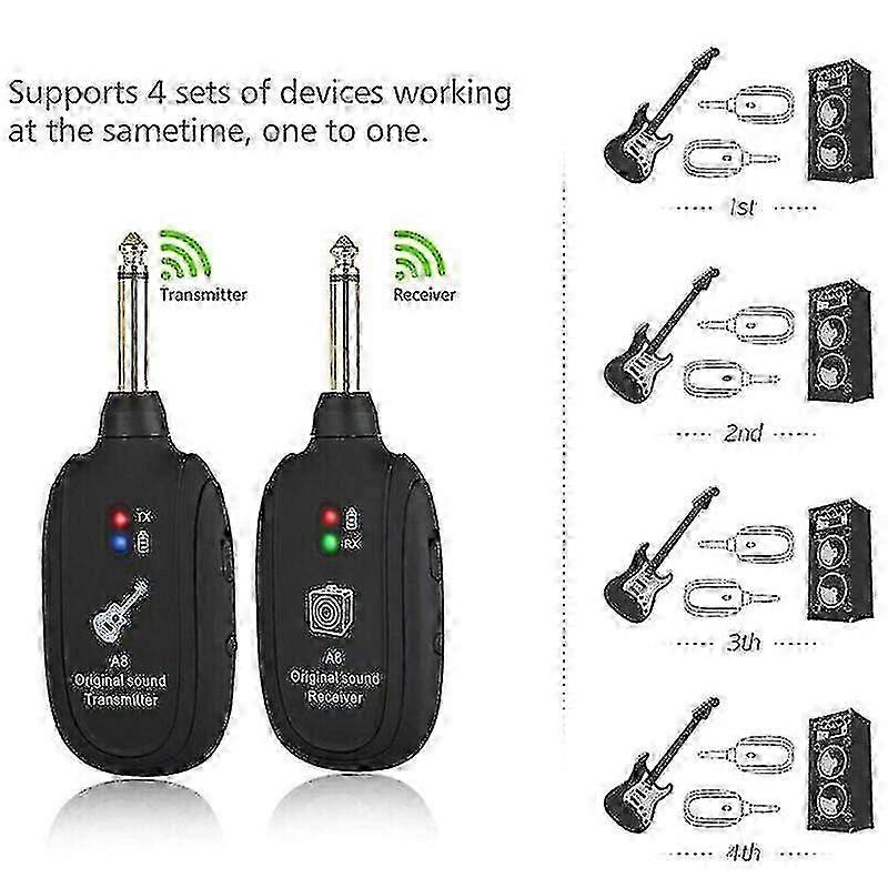 Rechargeable Uhf Guitar Bass Wireless System Transmitter Receiver 50m 4 Channels