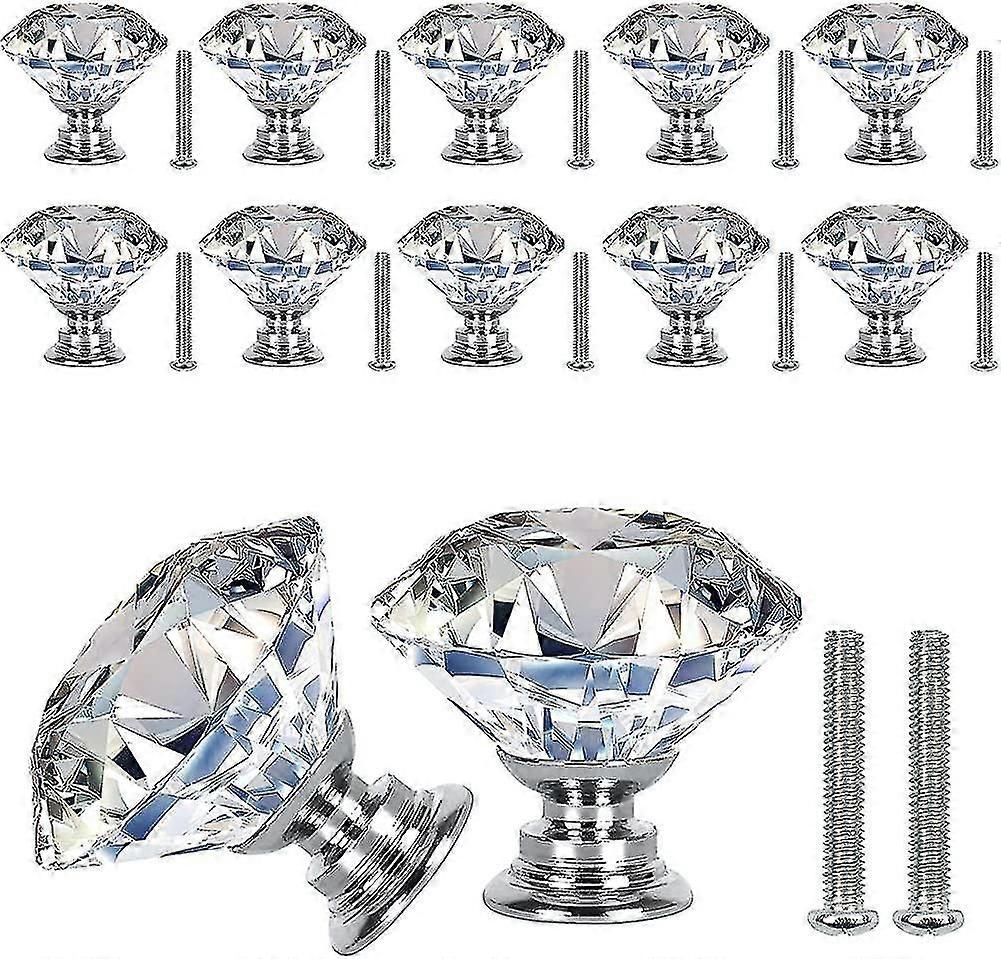 30mm Crystal Door Knobs With Screws, Set Of 12 Clear Crystal Cabinet Knobs And Silver Alloy Base, Decorative Drawer Knobs Handles
